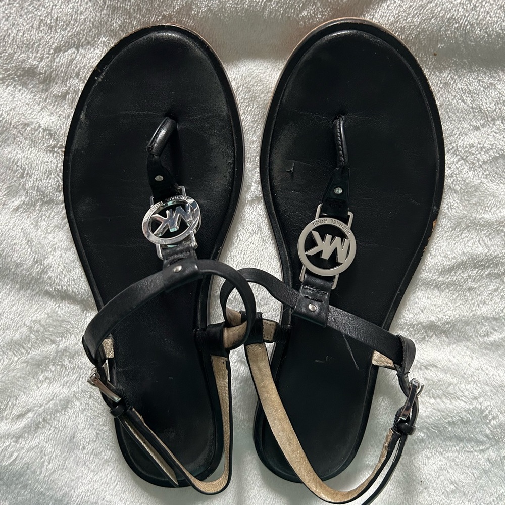 Michael Kors Black Leather MK Logo T-Strap Sandals